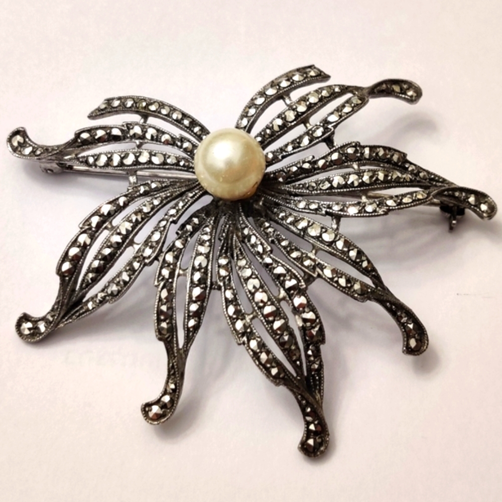Signed West Germany Sterling Silver Marcasite Statement Brooch
